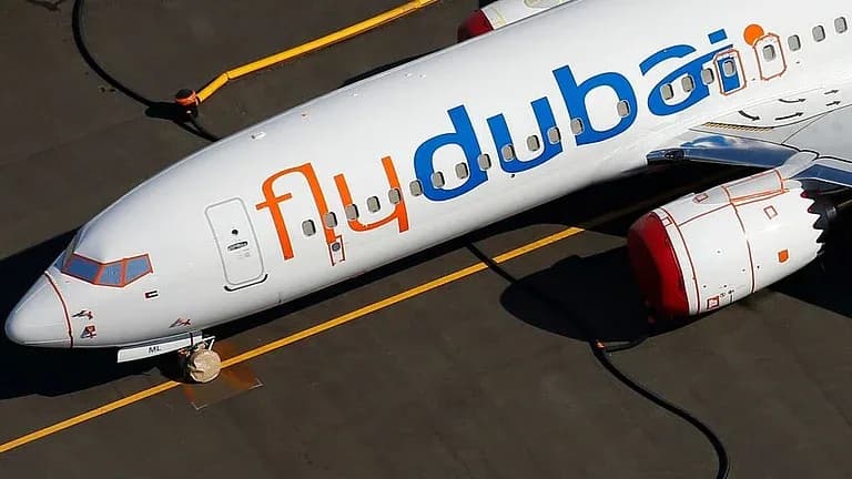 ایک سفید ہوائی جہاز جس پر "flydubai" لکھا ہوا ہے، رن وے پر کھڑا ہے۔