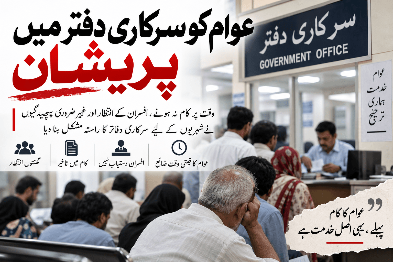 ایک سرکاری دفتر میں لوگ قطار میں کھڑے ہیں، ایک شخص کاؤنٹر پر بیٹھا ہے۔